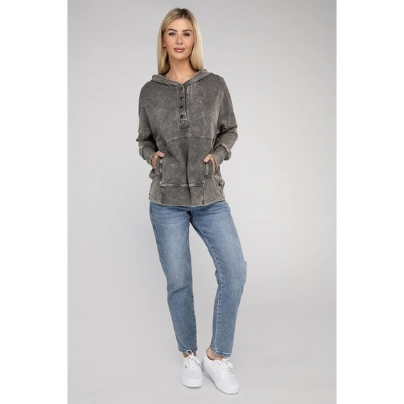 ZENANA French Terry Acid Wash Kangaroo Pocket Hoodie Sweatshirt in Mocha Grey - Picture 9 of 9